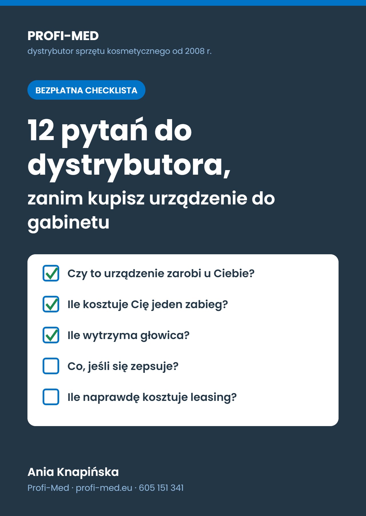 Okładka bezpłatnej checklisty Profi-Med: 12 pytań do dystrybutora, zanim kupisz urządzenie do gabinetu