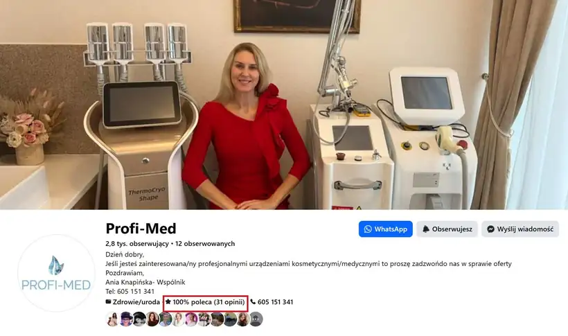 Profil Profi-Med na Facebooku: 100% poleca, 31 opinii, 2,8 tys. obserwujących, stan na 20 października 2026